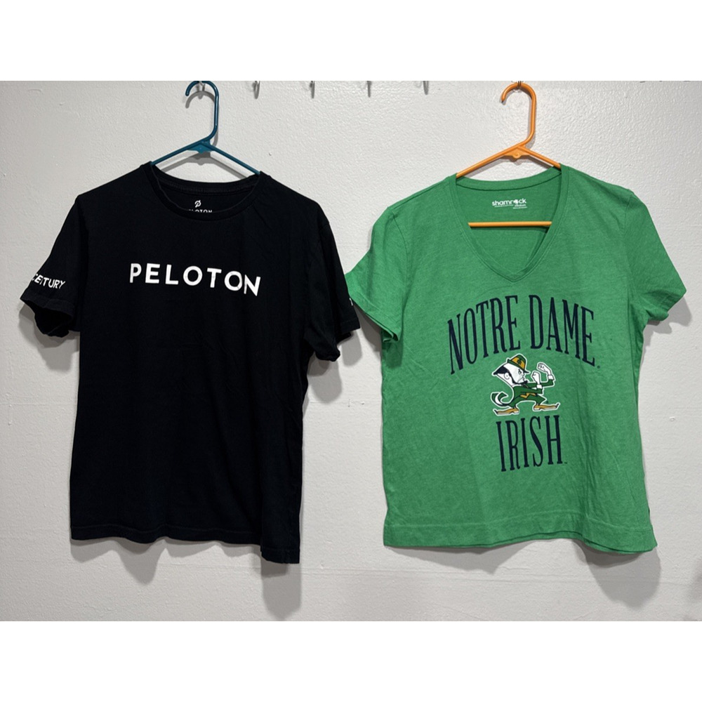 Lot of 2 Women T-Shirt Top Green Shamrock Notre Dame Irish & Black Peloton Tee M